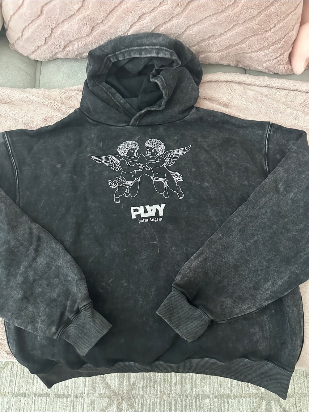 Palm Angels Black Washed Hoodie with Cherub Chest Graphic